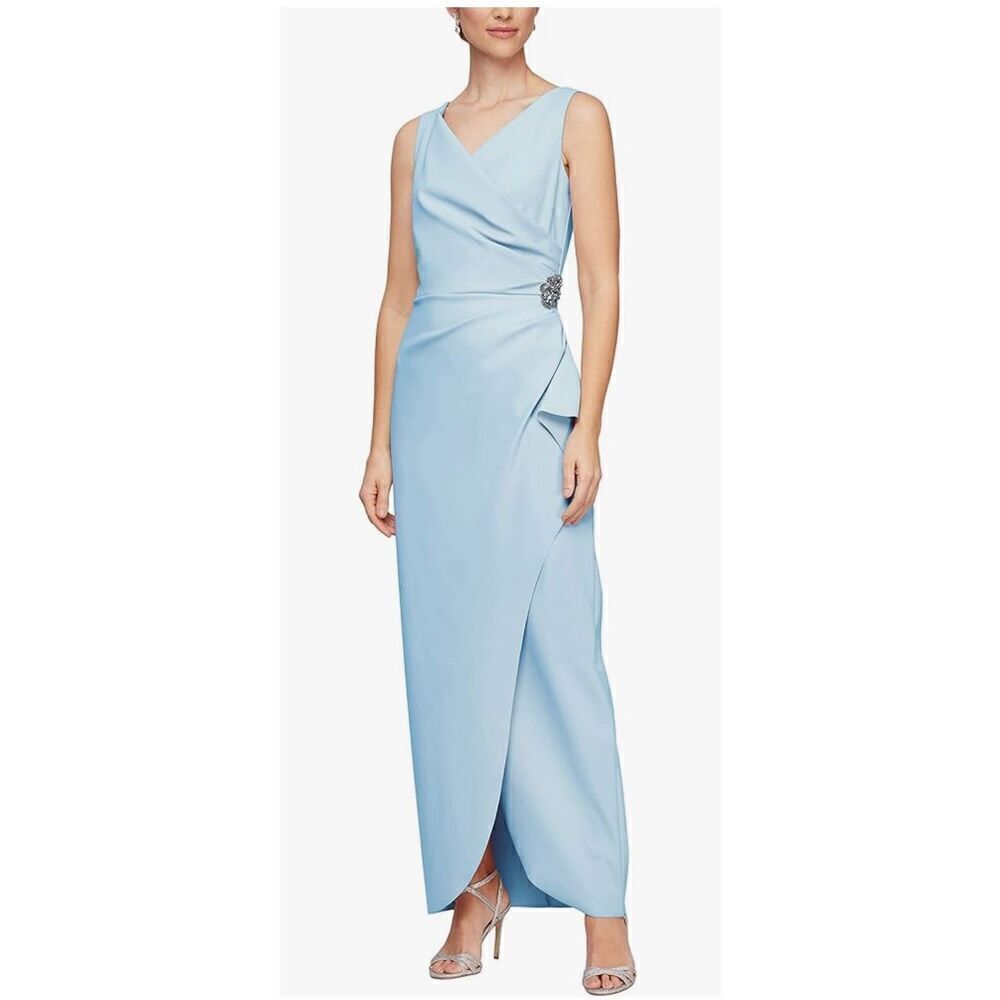 Alex Evenings Women's Slimming Long Side Ruched Dress With Cascade Ruffle Skirt
